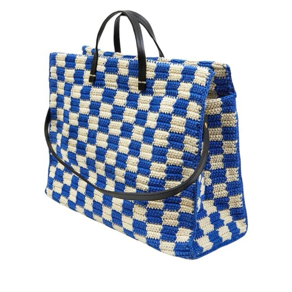 CLARE V Simple Tote Cobalt and Cream Crochet Checker